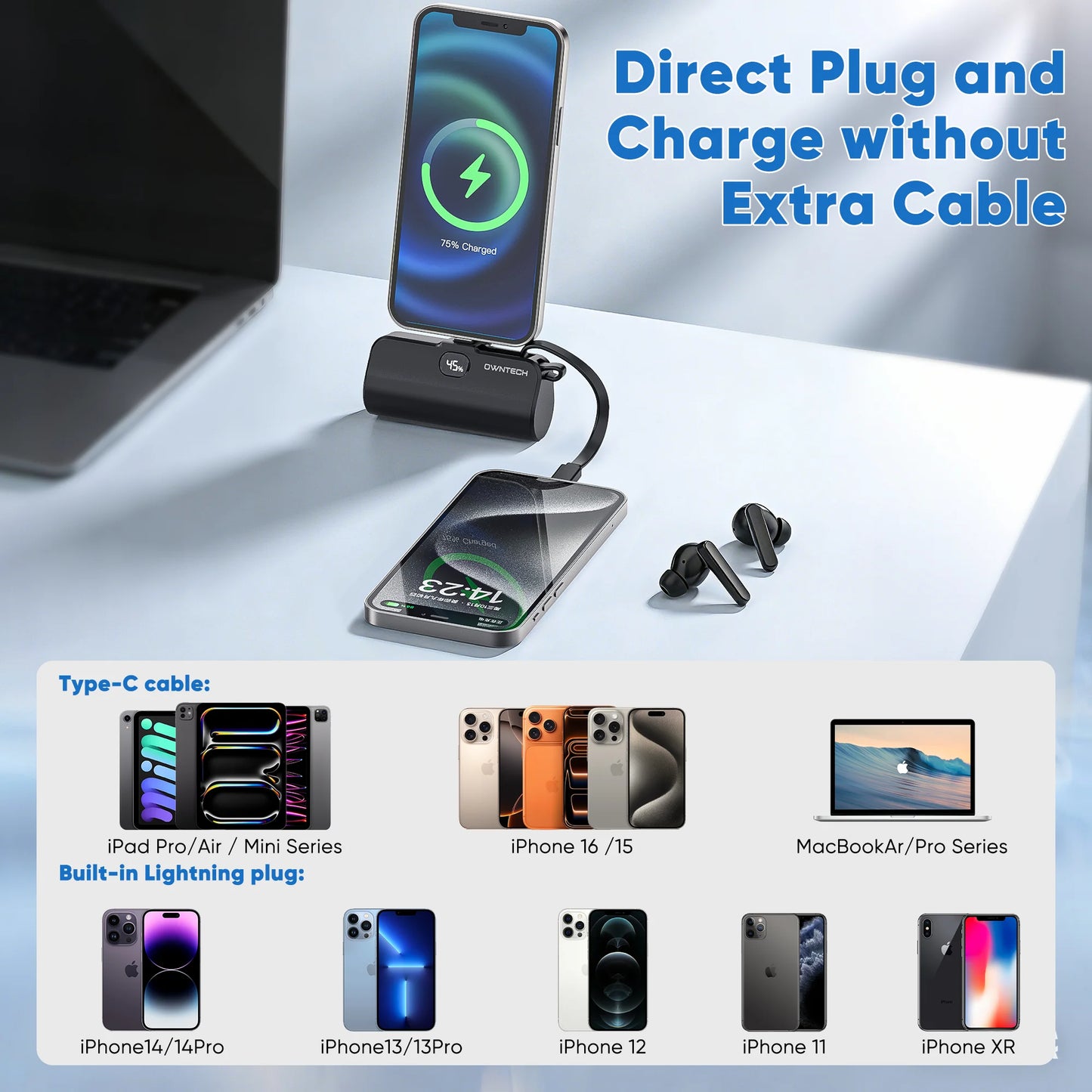Revolutionary 5000mAh Portable Power Bank with Built-In Cables for iPhone & Android – Fast Charging Mini Battery Pack with LED Display