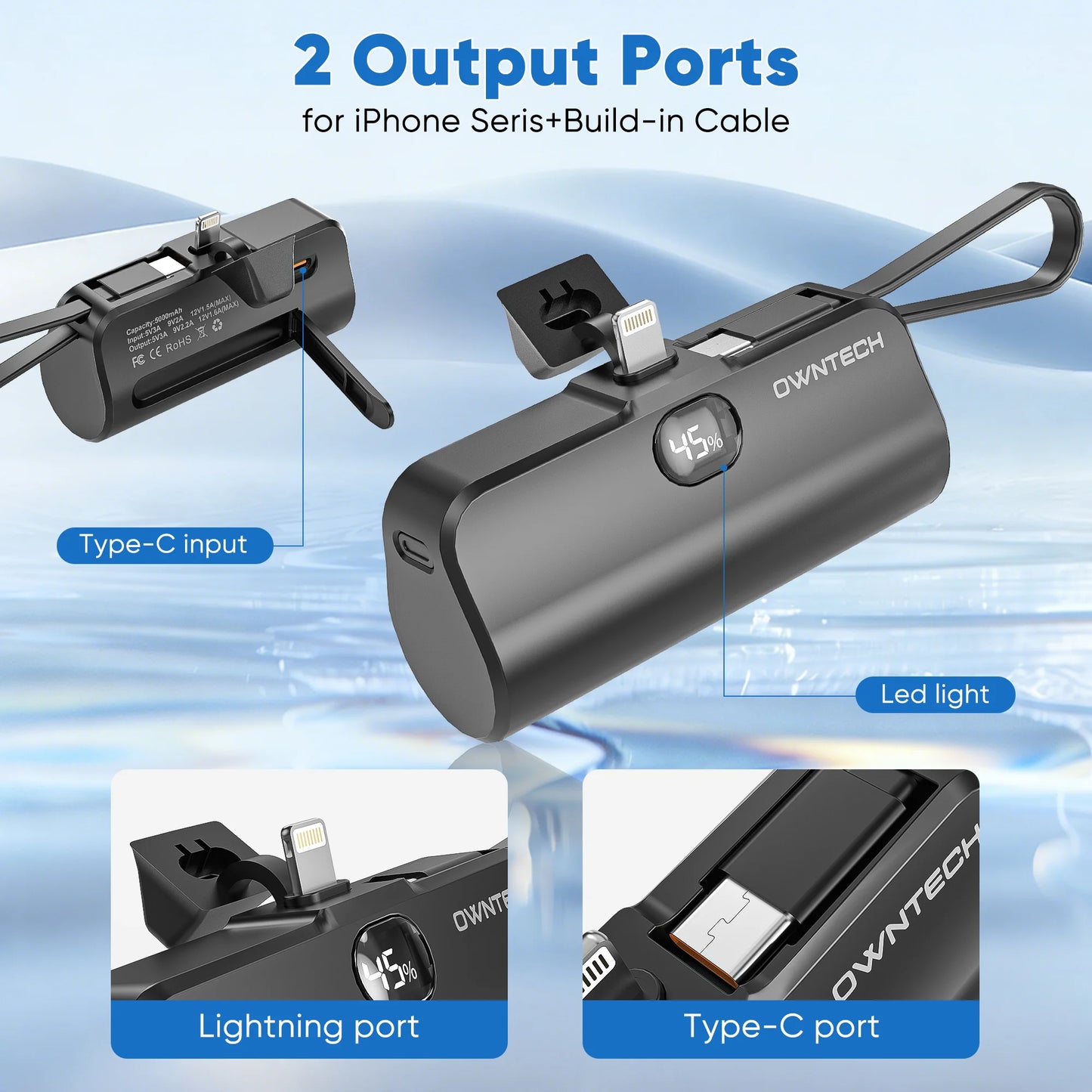Revolutionary 5000mAh Portable Power Bank with Built-In Cables for iPhone & Android – Fast Charging Mini Battery Pack with LED Display