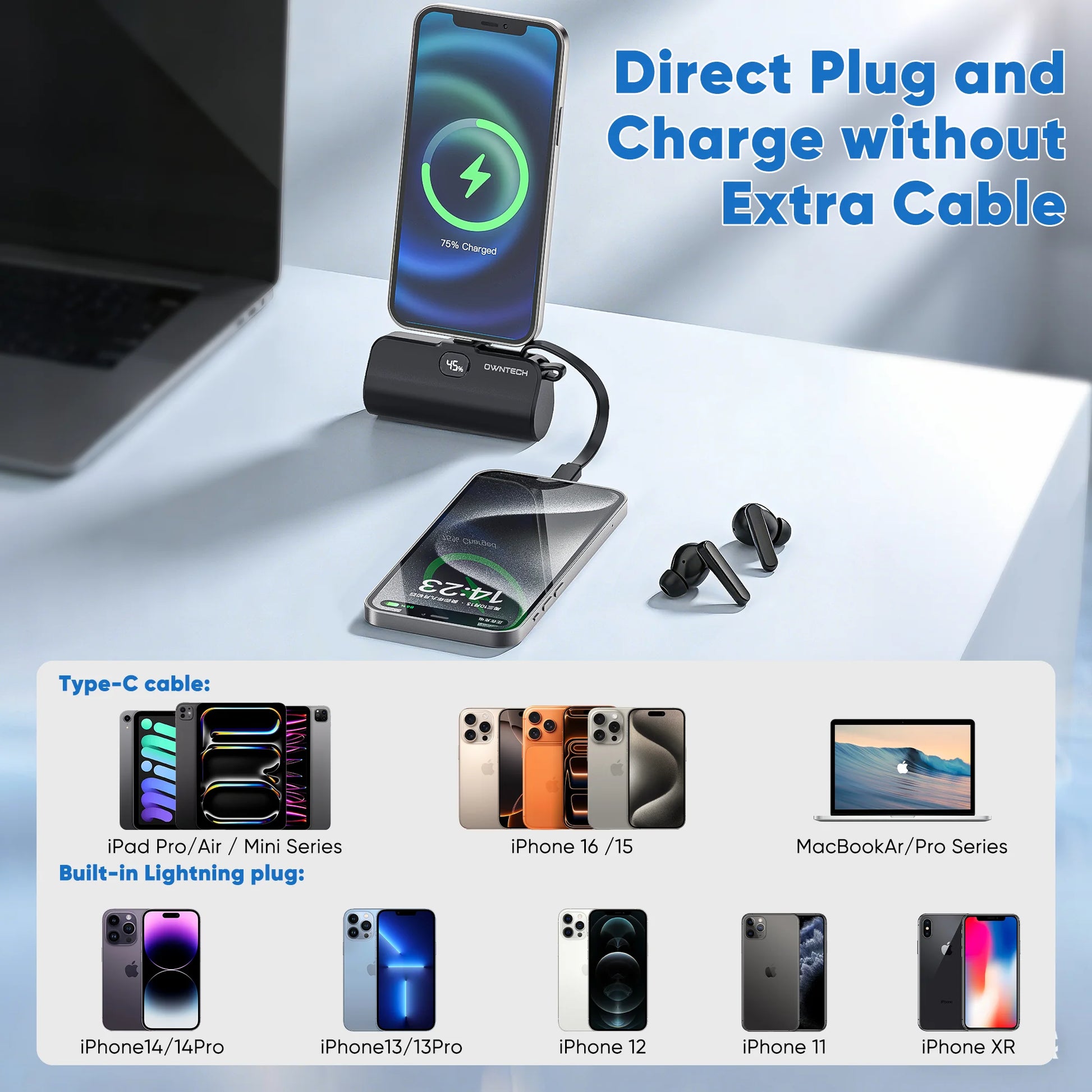 Revolutionary 5000mAh Portable Power Bank with Built-In Cables for iPhone & Android – Fast Charging Mini Battery Pack with LED Display